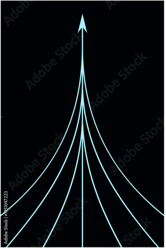 Graphic vector of blue ropes converging into arrows isolated on dark background, Arrow in same direction for rising to success, Lines and lights of technology
