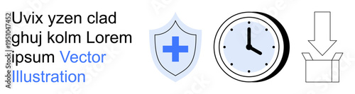 Healthcare, time tracking, delivery services, logistics, security, scheduling. Blue shield with a cross, clock design down arrow with a box. Healthcare and delivery services concepts