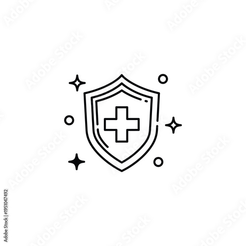 Bild auf Leinwand A medical shield icon with a cross surrounded by sparkles and circles
