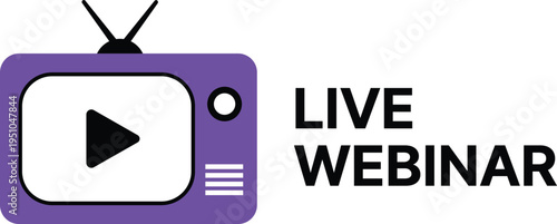Purple vintage television with play button and live webinar text black white