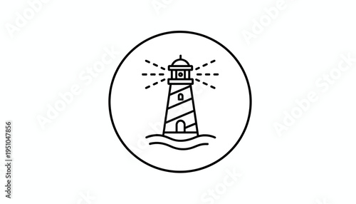 Minimalist lighthouse icon on waves, symbolizing guidance, safety, and coastal navigation.