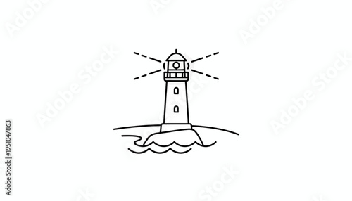 Minimalist Lighthouse Icon on Rocky Island with Light Beams