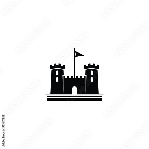 A medieval castle stands with towers and a flag on a sunny day.