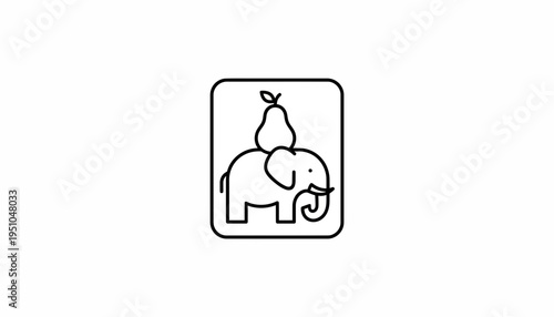 Minimalist Line Art Elephant with Pear on Back Inside Rounded Square Frame