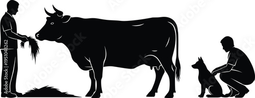 Farmer feeding cow hay and man petting dog in rural countryside silhouette illustration for organic farming and domestic livestock agriculture