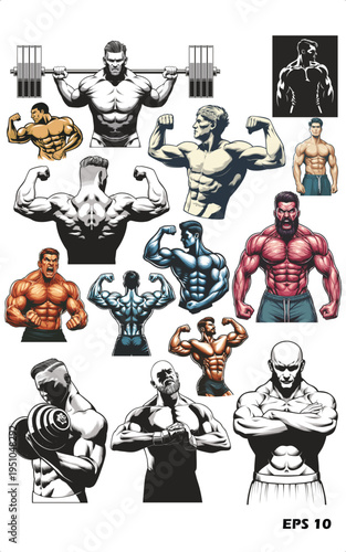 Bodybuilding and Fitness Vector Illustration Set. Realistic Athletic Male Figures Posing and Weightlifting in Diverse Artistic Styles.