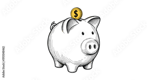 Detailed hand-drawn sketch of a piggy bank with a gold dollar coin being inserted into the slot symbolizing savings and financial planning.