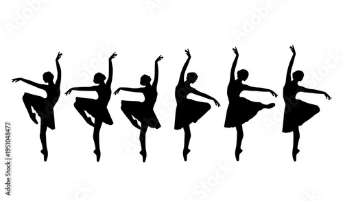 Elegant ballerina silhouette set with graceful ballet dance poses in minimalist black vector style