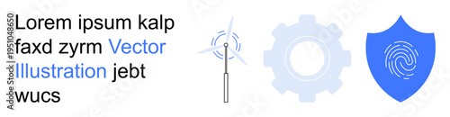 Renewable energy, technology innovation, cybersecurity, data protection, infrastructure, sustainable future. Wind turbine, gear shield with fingerprint. Renewable energy and technology innovation