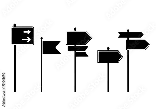 Various black street sign silhouettes for navigation and wayfinding