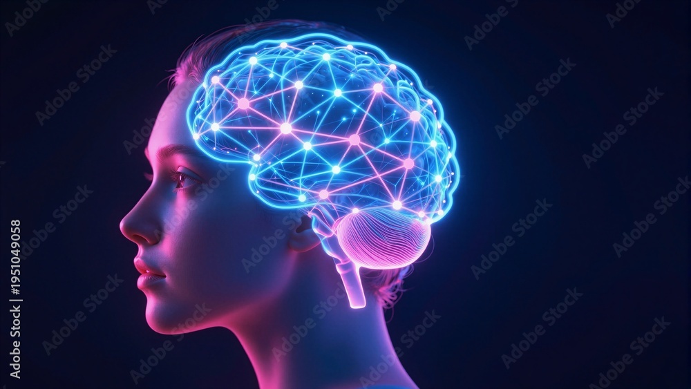 Obraz premium A woman's profile with a glowing neon brain network, symbolizing technology, creativity, and mental connectivity in a futuristic design.