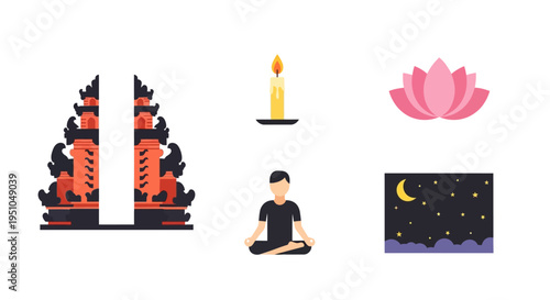 Illustration of a serene Nyepi Day scene featuring a meditating person, Balinese temple gates, candle, lotus flower, and night sky with a full moon, representing spiritual reflection and