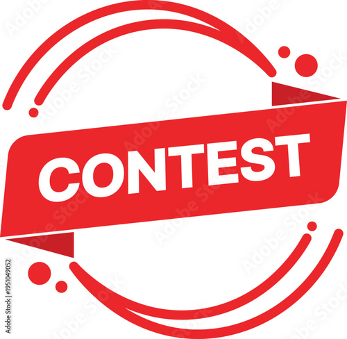Red banner with white text contest and abstract red curved lines contest