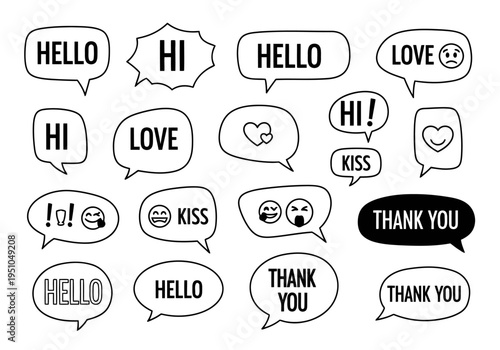 Collection of speech bubbles with words hello love hi kiss thank you