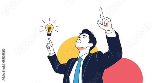 Thoughtful businessman pointing up towards a glowing lightbulb symbol representing a new creative idea or a successful business solution concept.
