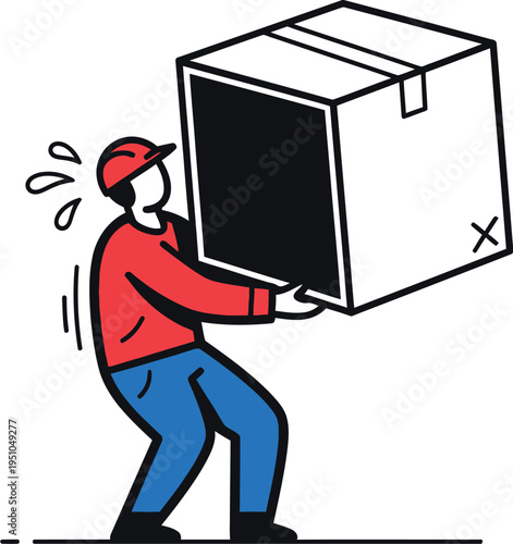 A vibrant illustration of a determined delivery worker or a busy mover visibly struggling and sweating while carefully carrying a significantly heavy cardboard box, highlighting physical effort.