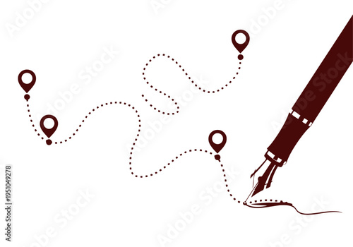 Creative concept of journey with fountain pen and dotted line pathway