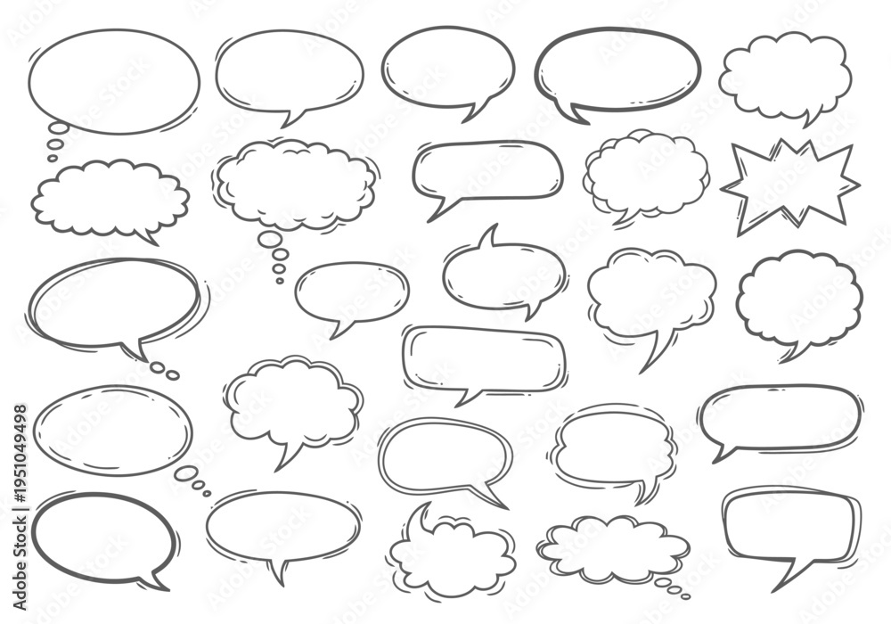 Fototapeta premium Empty speech bubbles and thought clouds hand drawn doodles collection