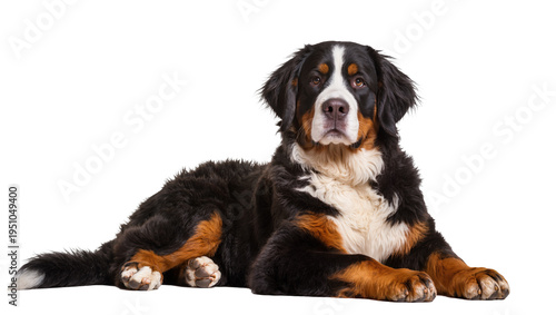 Bild auf Leinwand Adorable tricolor Bernese Mountain Dog puppy with fluffy fur, lying down calmly