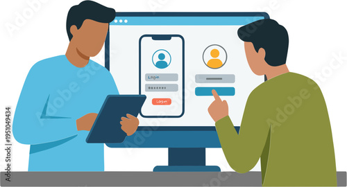 Two men discuss data on a computer screen and tablet in office