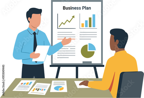 Two businessmen discuss a plan in an office setting with charts