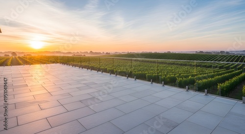 Vineyard landscape view from a modern stone terrace at sunrise