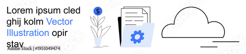 Financial planning, document sharing, data storage, digital marketing, automation, remote work. Gear symbol near papers and dollar sign with a plant. Financial planning and document sharing concept