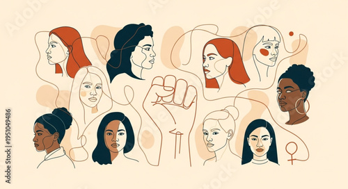 Diverse group of women faces illustration celebrating sisterhood and empowerment.
