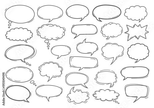 Empty speech bubbles and thought clouds hand drawn doodles collection
