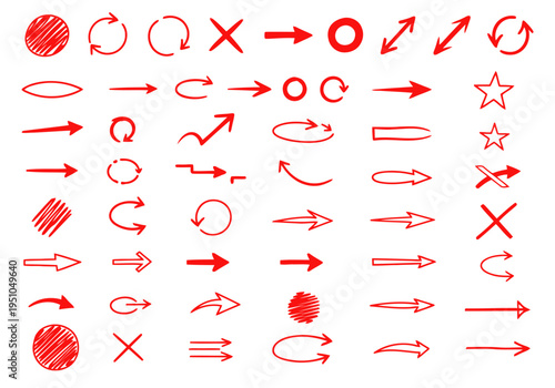 Hand drawn red marker collection with arrows circles and cross marks