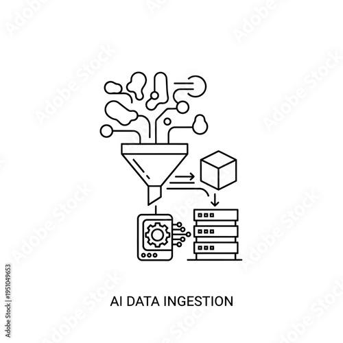 AI Data Ingestion Process: Visualizing the flow of information from a complex source through a funnel into a mobile device and then to a database.