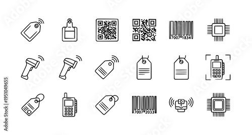 A set of black and white vector icons depicting various technology and identification symbols