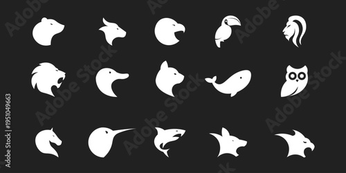 Set of Fifteen Minimalist White Animal Head Icons on Black Background