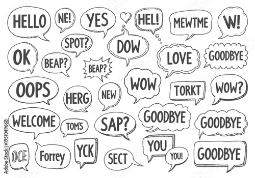 Hand drawn speech bubbles set with various expressions and text labels