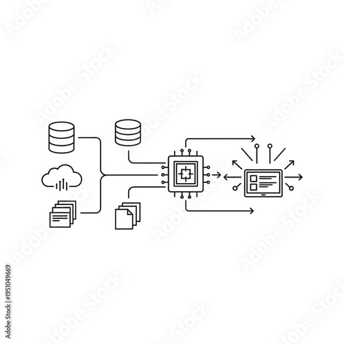 Diagram illustrating data processing pipeline from cloud and local storage to a central processor and output display.