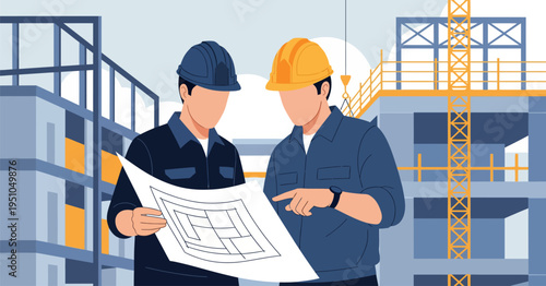 Two construction engineers in safety helmets are working on a construction site