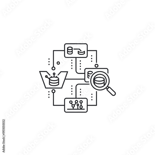 Abstract diagram illustrating data processing, analysis, and storage with interconnected nodes and magnifying glass.