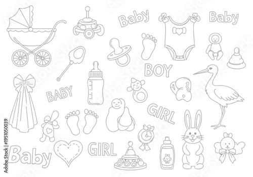 Outline set of baby related objects and text for birth announcement