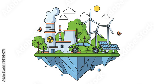 Eco friendly floating island featuring a nuclear plant, wind turbines, solar panels, and an electric car to promote sustainable green energy.
