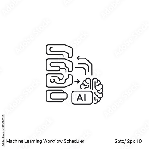 Abstract illustration of a machine learning workflow scheduler with a brain icon and data flow arrows, symbolizing artificial intelligence and automation.