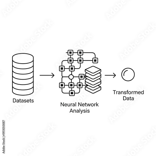 Illustration of a neural network analyzing datasets to produce transformed data.