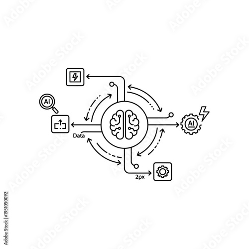 Conceptual illustration of artificial intelligence processing data and generating insights, featuring a central brain icon connected to various data input and output symbols.