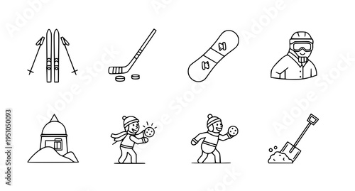 A set of eight black and white line art illustrations depicting various winter sports and activities