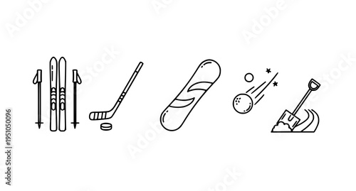 A set of vector graphic icons depicting various winter sports equipment