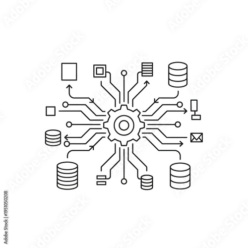 Abstract illustration of a central gear connected by circuits to various data storage and processing icons, symbolizing technology and data flow.