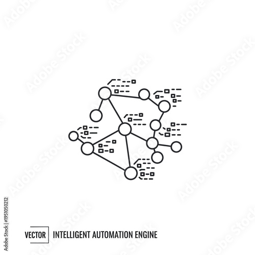 Abstract network diagram representing intelligent automation engine with interconnected nodes and data elements, symbolizing complex systems and connectivity.