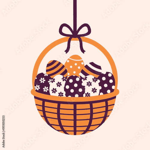 A charming illustration of a woven Easter basket overflowing with vibrantly decorated eggs, suspended by a ribbon and bow against a soft, pale background.