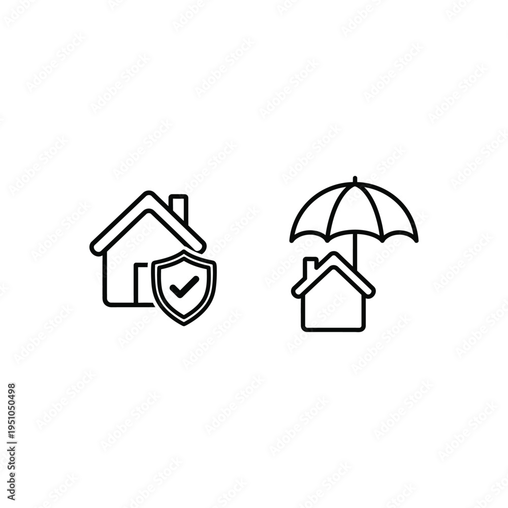 Fototapeta premium Two houses one with shield and checkmark and other under umbrella