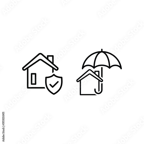 Houses with protection symbols, a shield and an umbrella, represent security.