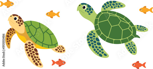 Cute sea turtle cartoon characters swimming with small fish ocean wildlife marine animal vector illustration